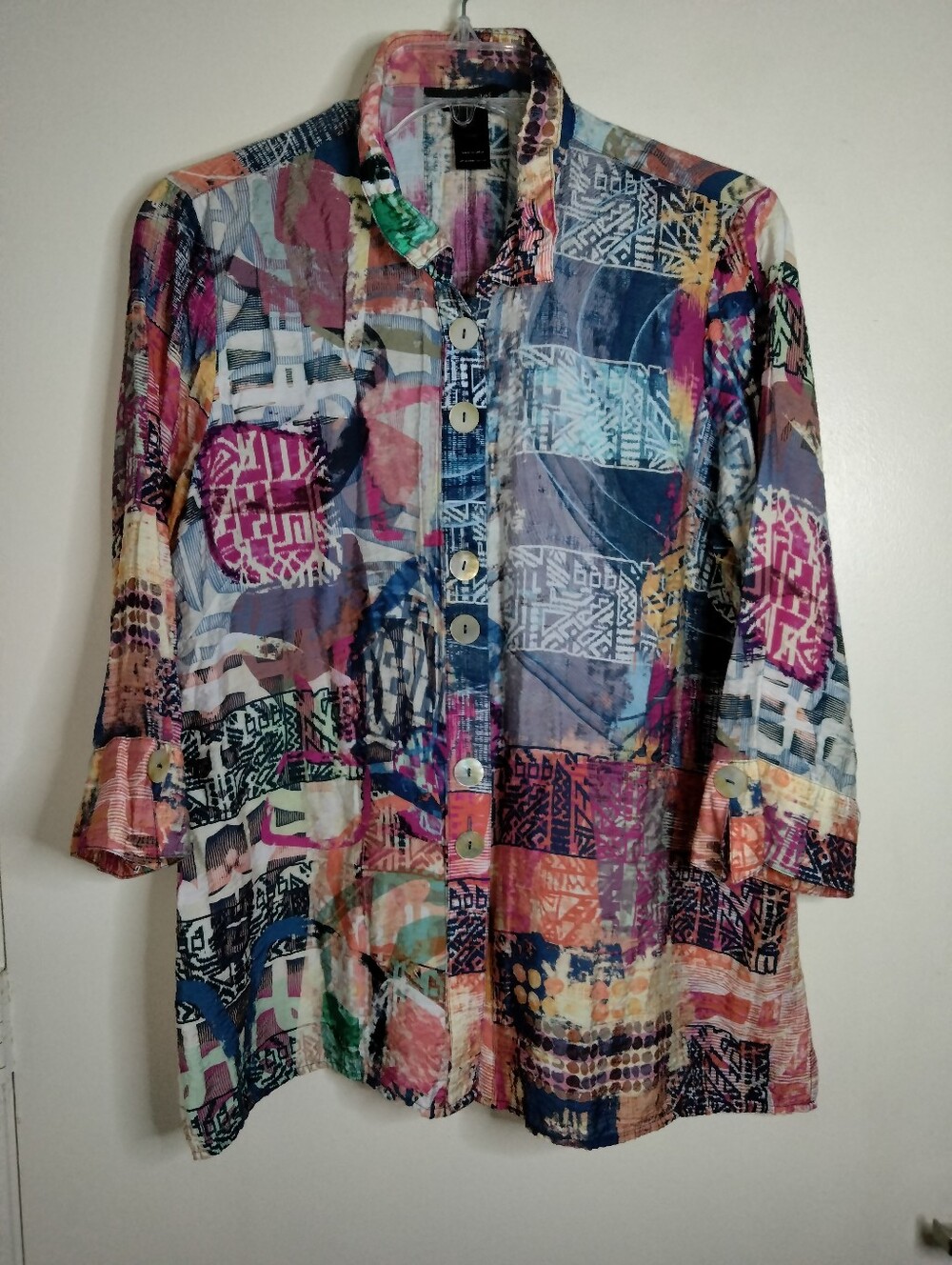 Ali Miles (Size 1X) Multicolored Patchwork Rayon 3/4 Sleeves Button-Down Shirt - Picture 8 of 12